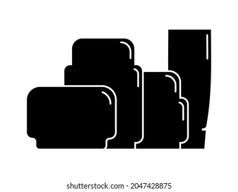 Cosmetic container. Four plastic cosmetic jar product. Oil, mask, cream. Illustration design in the form of black silhouette with thin white lines. Isolated icon in flat style on white background.