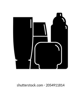 Cosmetic container. Four plastic cosmetic jar product. Oil, mask, cream. Illustration design in the form of black silhouette with thin white lines. Isolated icon in flat style on white background.
