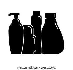 Cosmetic container. Four plastic cosmetic jar product. Oil, mask, cream. Illustration design in the form of black silhouette with thin white lines. Isolated icon in flat style on white background.
