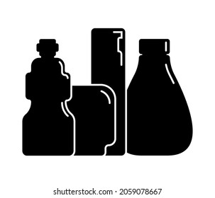 Cosmetic container. Four plastic cosmetic jar product. Oil, mask, cream. Illustration design in the form of black silhouette with thin white lines. Isolated icon in flat style on white background.
