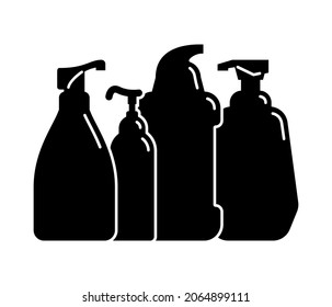 Cosmetic container. Group plastic cosmetic jar product. Oil, mask, cream. Illustration design in the form of black silhouette with thin white lines. Isolated icon in flat style on white background.
