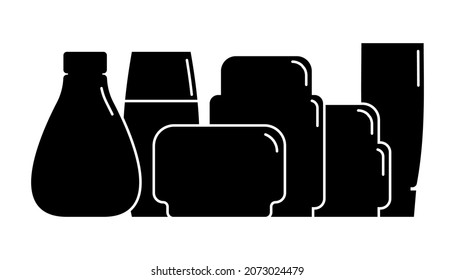 Cosmetic container. Group plastic cosmetic jar product. Oil, mask, cream. Illustration design in the form of black silhouette with thin white lines. Isolated icon in flat style on white background.