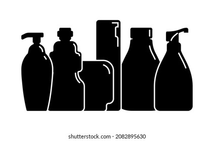 Cosmetic container. Group plastic cosmetic jar product. Oil, mask, cream. Illustration design in the form of black silhouette with thin white lines. Isolated icon in flat style on white background.
