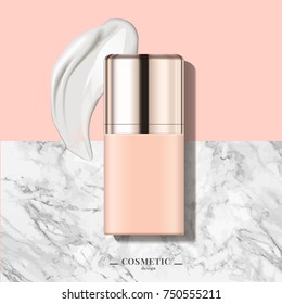 Cosmetic container mockup, blank cream bottle in 3d illustration, top view on marble and geometric pink background