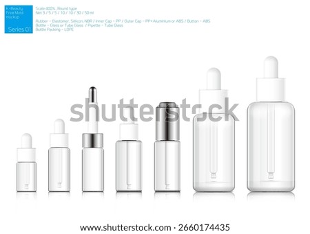 A cosmetic container mock-up from Korea, featuring an ampoule bottle utilizing a dropper. These mock-ups come in similar shapes and sizes ranging from 2ml to 80ml. They are composed of clear glass wit
