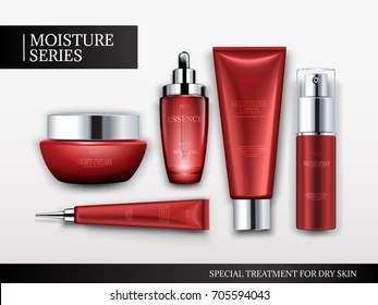 Cosmetic container mockup set, top view of red tubes and jars isolated on white background, 3d illustration