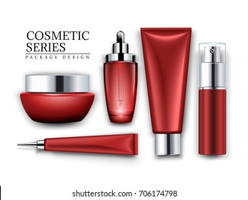 Cosmetic Container Mockup Set, Top View Of Red Tubes And Jars Isolated On White Background, 3d Illustration