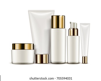 Cosmetic Container Mockup Set, White Tubes And Jars Isolated On White Background, 3d Illustration