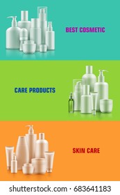 Cosmetic container poster. Effective skin and body care concept. Beauty salon rejuvenating your body banner. Realistic template vector illustration