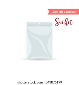 Cosmetic container. Realistic white sashet with text vector illustration