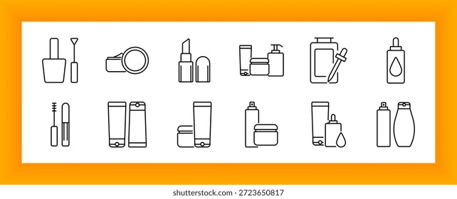 Symbol für kosmetische Behältergruppe. Nagellack, Lippenglanz, Röhren, Gläser, Flaschen und Applikatoren in Umrissen dargestellt, um Schönheitswerkzeuge, Hautpflege und selbst pflegende Essentials darstellen.