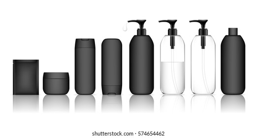Cosmetic container set for liquid, cream, gel, lotion. Collection of Shampoo Bottles. Beauty product package, vector illustration.