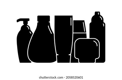 Cosmetic container. Six plastic cosmetic jar product. Oil, mask, cream. Illustration design in the form of black silhouette with thin white lines. Vector isolated icon in flat style on white backdrop.