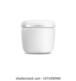 Cosmetic container or skin cream's jar blank and covered 3d realistic vector mockup illustration isolated on white background. Template of face and body care packaging.