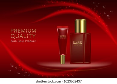 Cosmetic containers with advertising background ready to use, luxury skin care ad. vector 3d illustration.