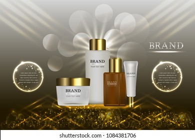 Cosmetic containers with advertising background ready to use, luxury skin care ad, vector 3d illustration.