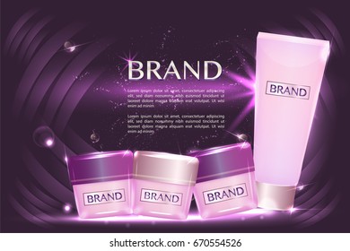 Cosmetic containers with advertising background ready to use, colorful skin care ad. Illustration vector