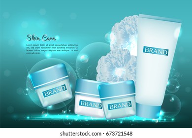 Cosmetic containers with advertising background ready to use, luxury skin care ad. Illustration vector