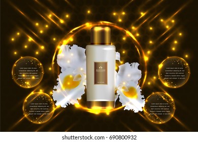 Cosmetic containers with advertising background ready to use, luxury skin care ad. Illustration vector