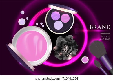 Cosmetic containers with advertising background ready to use. black roses, makeup product ad design. Illustration vector