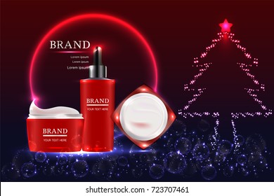Cosmetic containers with advertising background ready to use, holiday concept skin care ad. Illustration vector
