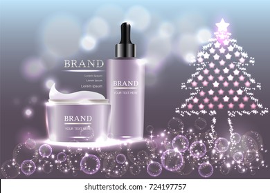 Cosmetic containers with advertising background ready to use, holiday concept skin care ad. Illustration vector