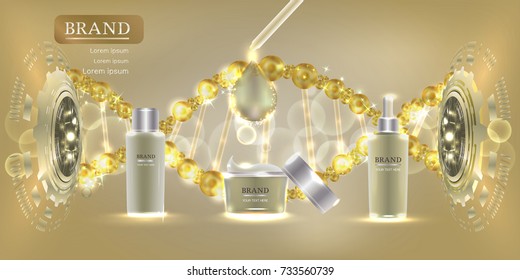 Cosmetic containers with advertising background ready to use, technology concept skin care ad. Illustration vector