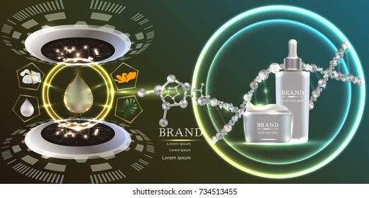 Cosmetic containers with advertising background ready to use, technology concept skin care ad. Illustration vector