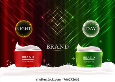 Cosmetic containers with advertising background ready to use, holiday lights night and day skincare ad. Illustration vector.