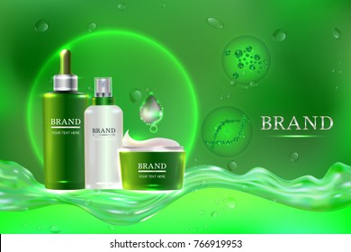 Cosmetic containers with advertising background ready to use, luxury skin care ad. Illustration vector.	