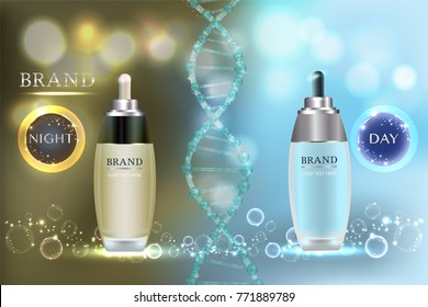 Cosmetic containers with advertising background ready to use, night and day skincare ad. Illustration vector