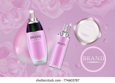 Cosmetic containers with advertising background ready to use, sweet pink skin care ad. Illustration vector.