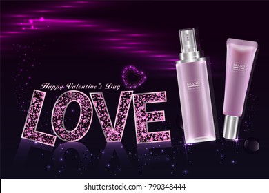 cosmetic containers with advertising background ready to use, valentines concept skincare ad. Illustration vector.
