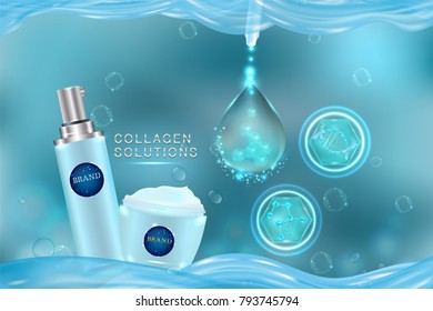 Cosmetic containers with advertising background ready to use, blue liquid luxury skin care ad. illustration vector.