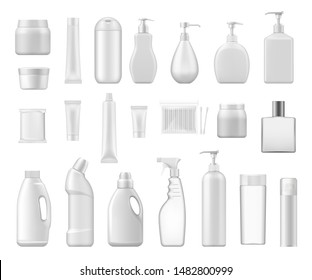 Cosmetic containers and chemical plastic bottles blank 3d packages. Vector cream jar, cotton swabs and toilet or bath cleanser, soap dispenser or perfume atomizer, lotion tube and shampoo bottle