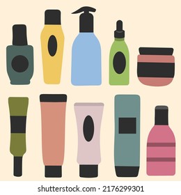 Cosmetic Containers Of Different Shapes For Cream, Lotion, Shampoo, Gel, Balsam, Conditioner, Spray. Cartoon Vector Illustration.