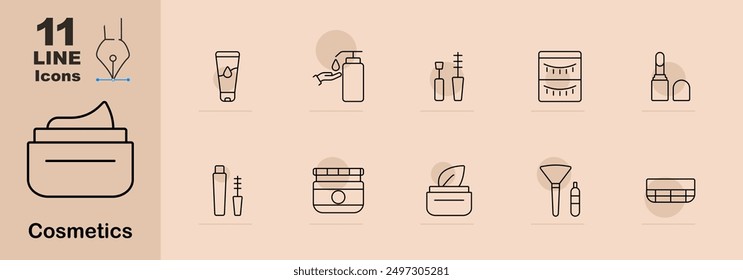 Cosmetic containers line icons. Cream tube, nail polish, foundation bottle, face mask, cream jar, mascara, leaf container, brush, soap bottle, makeup palette. Linear beauty product illustrations