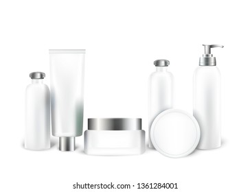 Cosmetic Containers Mockup Set. White Tubes and Glass Plastic Cream Jars with Silver Metallic Cap Isolated on White Background. Package Promotional Empty Bottles. 3D Vector Realistic Illustration.