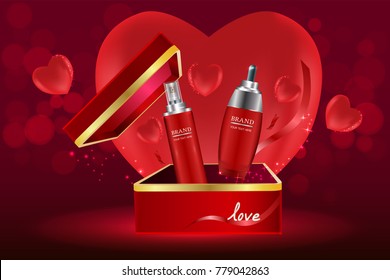 cosmetic containers in open gift box with advertising background ready to use, valentines concept skincare ad. Illustration vector.
