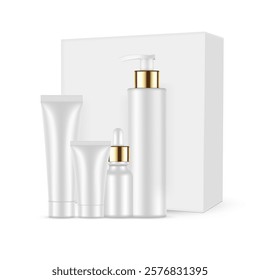 Cosmetic Containers Set. Packaging Box With Tubes, Dropper and Pump Bottles With Golden Cap, Isolated on White Background. Vector Illustration