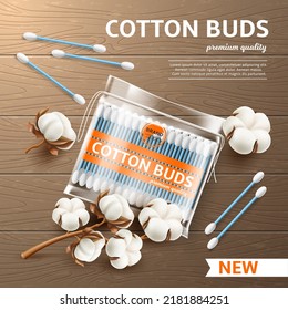 Cosmetic cotton buds poster. Realistic ear swabs pack, cotton inflorescences, cosmetic product, hygiene and skin care, transparent packaging, advertising banner utter vector concept