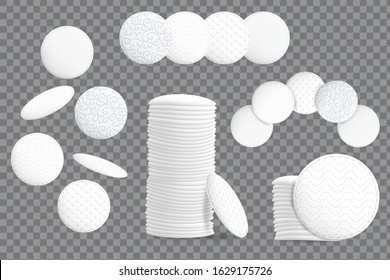 Cosmetic cotton pads for makeup removal mockup set, vector illustration isolated on transparent background. Soft and clear white round facial cleansing disks.