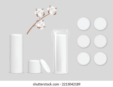 Cosmetic cotton pads for makeup removal mockup set, white discs pile in transparent bag and cotton branch isolated. Soft and clear white round facial cleansing disks. Vector illustration