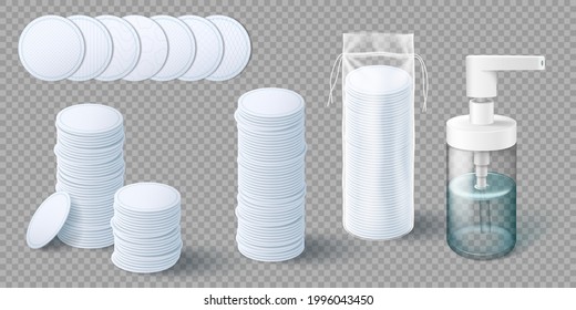 Cosmetic cotton pads and plastic bottle for makeup removal. Hygiene cosmetic, make up and skin cleansing set mockup template. Realistic 3d vector illustration