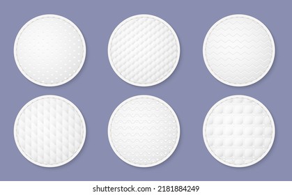 Cosmetic cotton pads texture. Realistic round white discs, hygiene and skin care product, soft face sponge with different embossing patterns, makeup remover accessory, utter vector set