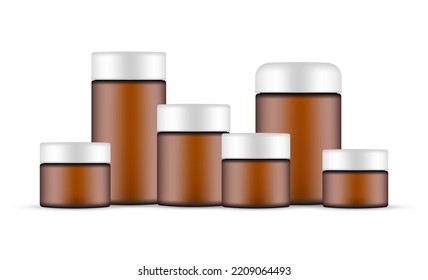 Cosmetic Cream Amber Jars with Different Sizes, Isolated on White Background. Vector Illustration