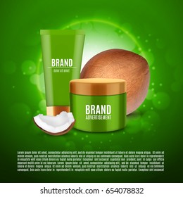 Cosmetic cream based coconut oil. Cosmetic ads template. Cream bottles on a green bokeh background with realistic coconut. Design for ads or magazine. 3d illustration. EPS10 vector