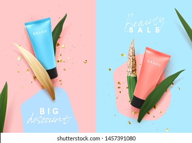 Cosmetic cream in blue and pink tube with tropical plants, Realistic Natural 3d leaves, dry and fresh. Cosmetics brand. Advertising banner, Sale poster. Flat view from top. Vector illustration