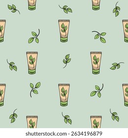 Cosmetic cream. Body, face and hand care. Vector seamless pattern. Bright illustration for background, print, wrapping paper. Repeating pattern on green background
