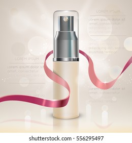 Cosmetic Cream Bottle With Pink Ribbon. Vector Illustration.